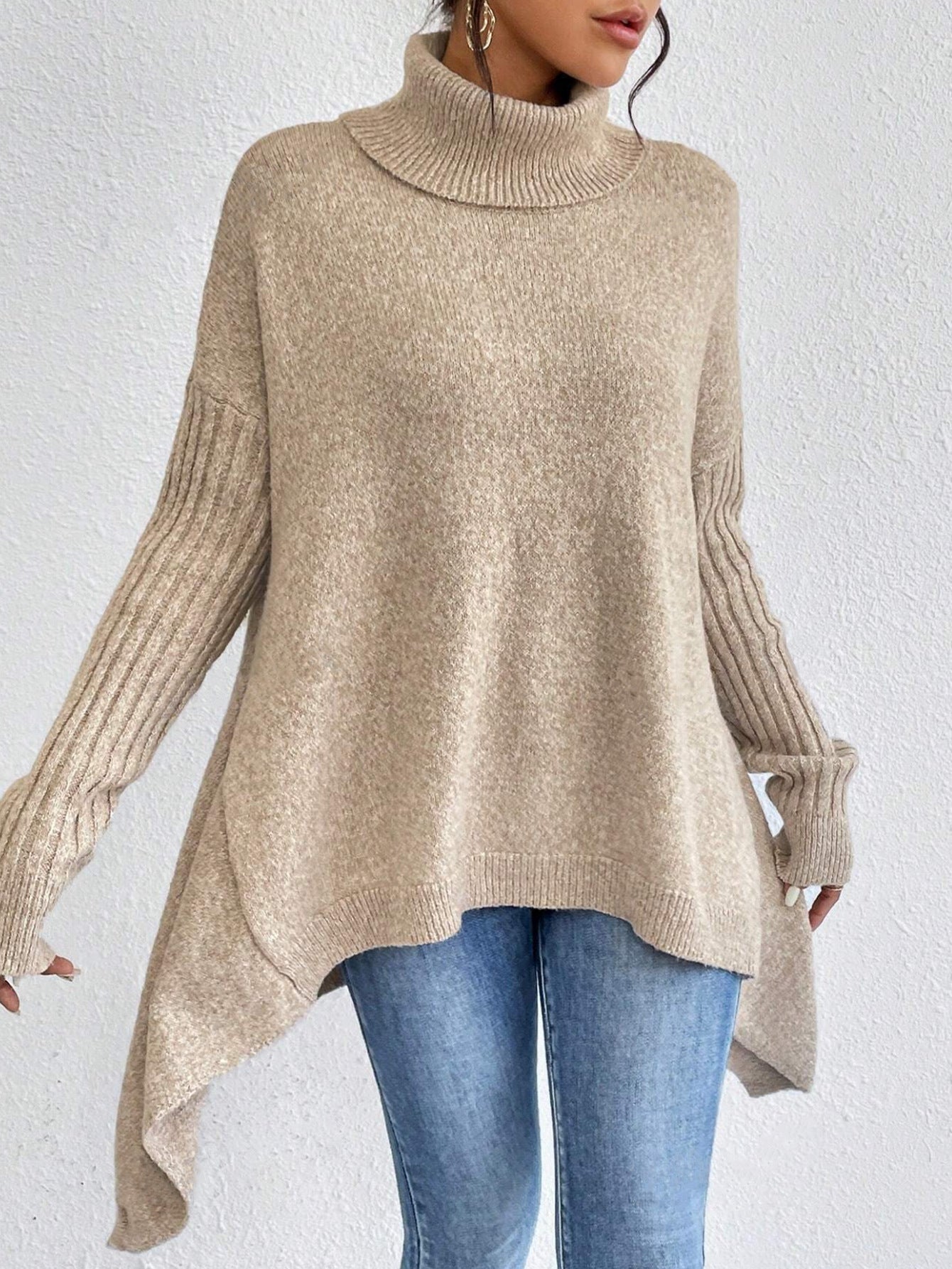Irregular Turtleneck Sweater Winter Loose Long Sleeve Knitted Tops Leisure Warm Pullover Sweater Women's Clothing